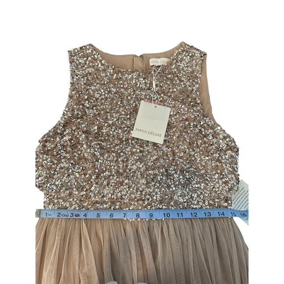 NWT Maya Deluxe Taupe Sequin Sleeveless Pop Over Tulle Maxi Dress Size 8 - Picture 13 of 14